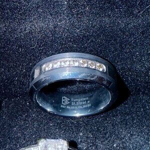 Men’s Wedding Band Tungsten and Silver Ring with Clear Stones